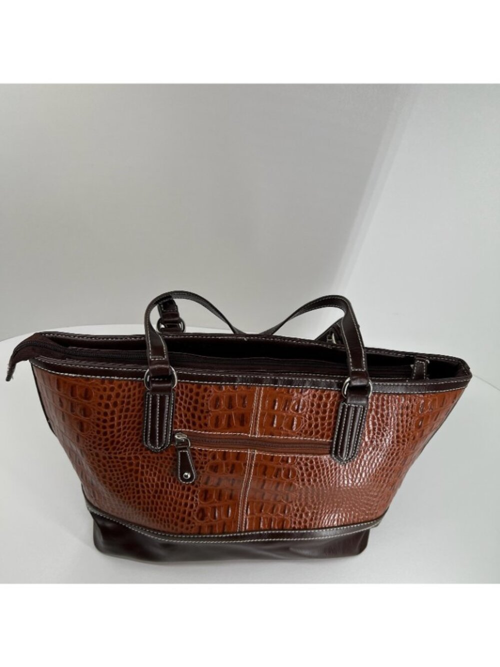 Silverake Shoulder Tote Bag Fleur De Lis Rhinestone Studded Croc Textured Brown - Picture 3 of 16